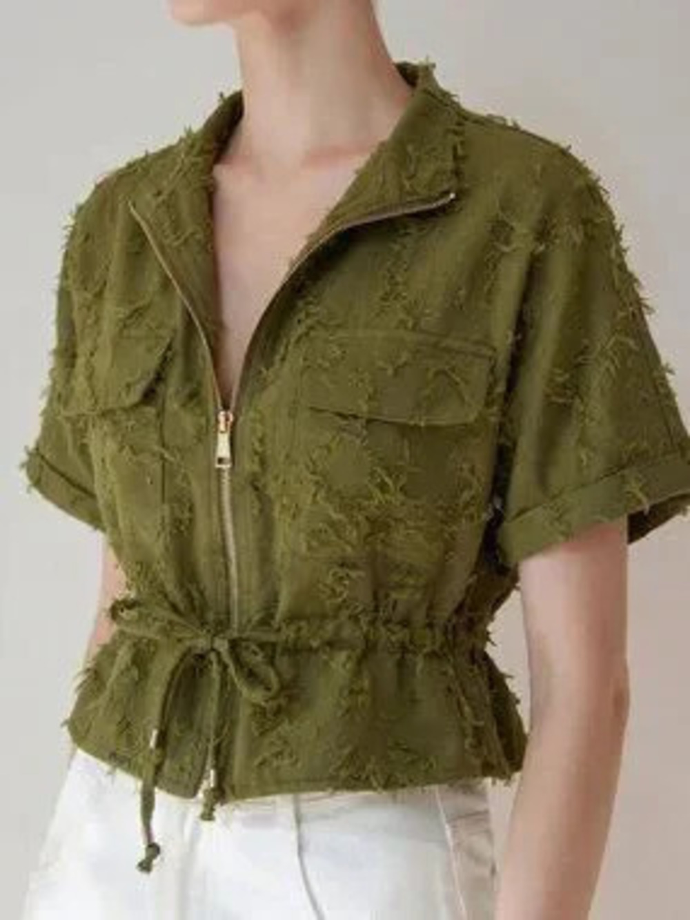 Olive Green Casual Women's Cropped Tie-Waist Drawstring Zip Lapel Shirt Jacket